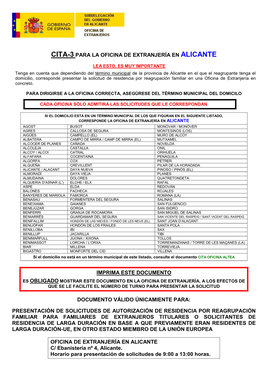 Cita-3 Para La Oficina De Extranjería En Alicante Imprima Este Documento Documento Válido Únicamiente Para: Presentación De