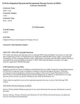 LCD for Outpatient Physical and Occupational Therapy Services (L29833) Contractor Information Contractor Name NHIC, Corp