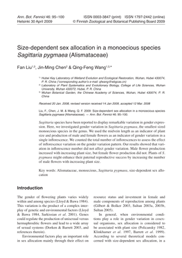 Size-Dependent Sex Allocation in a Monoecious Species Sagittaria Pygmaea (Alismataceae)