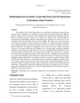 Relationship Between Heads' Leadership Styles and Job