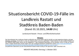 Situationsbericht COVID-19-Fälle Im Landkreis Rastatt Und Stadtkreis Baden-Baden (Stand: 01.10.2021, 14:00 Uhr)