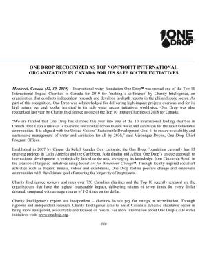 One Drop Recognized As Top Nonprofit International Organization in Canada for Its Safe Water Initiatives