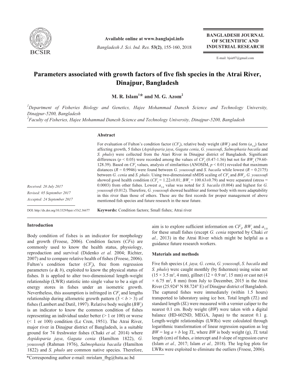 Parameters Associated with Growth Factors of Five Fish Species in the Atrai River, TL Vs