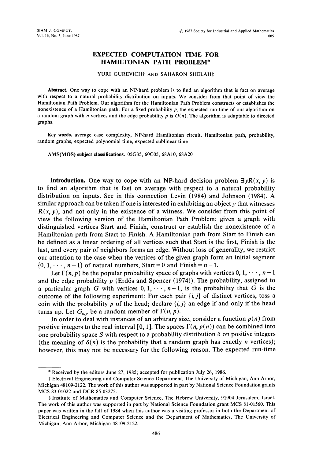 Expected Computation Time for Hamiltonian Path Problem*