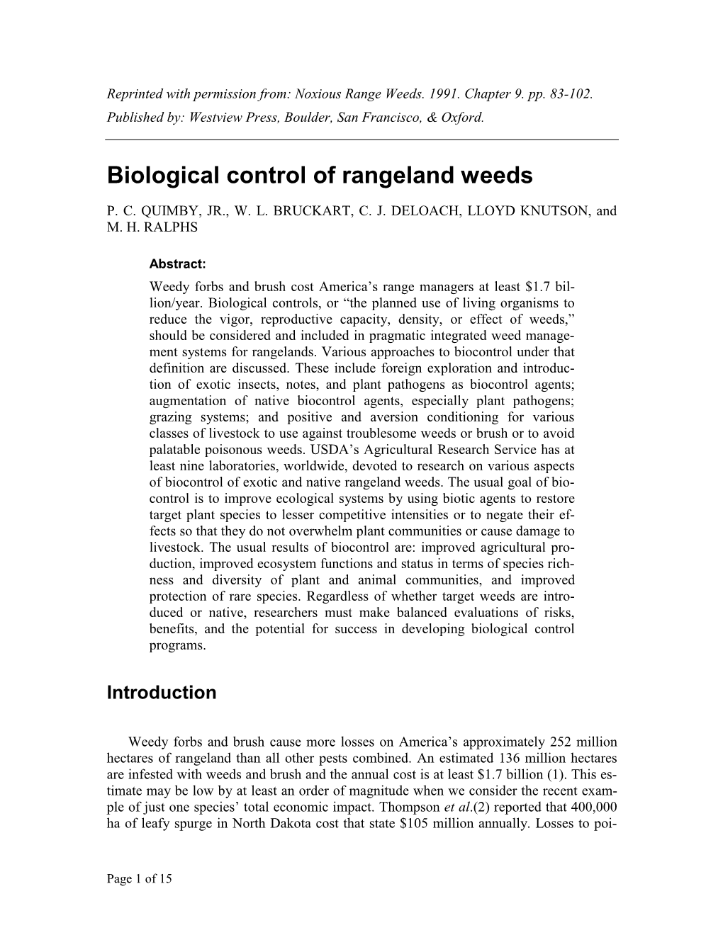 Biological Control of Rangeland Weeds