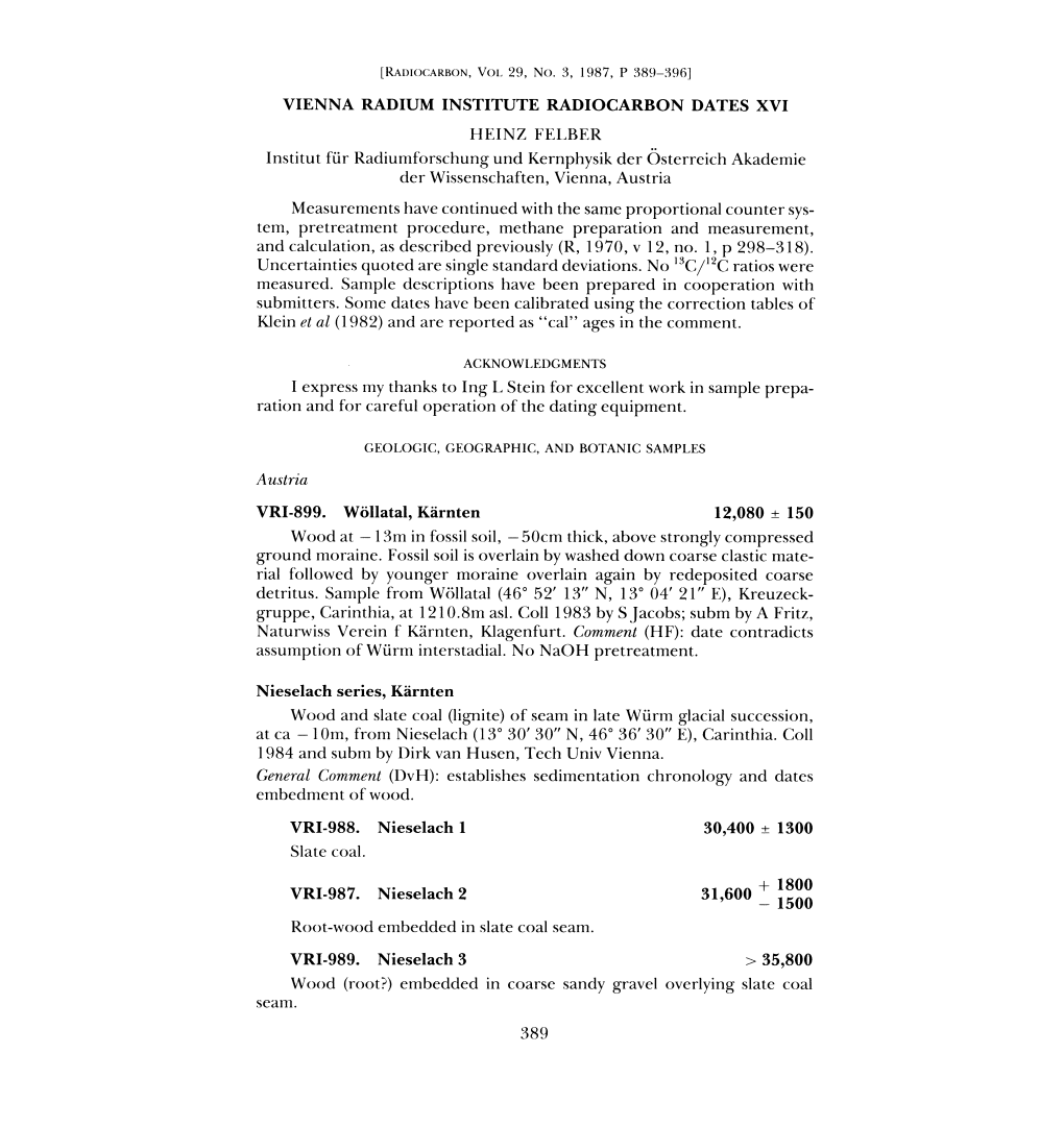 Vienna Radium Institute Radiocarbon Dates Xvi Heinz