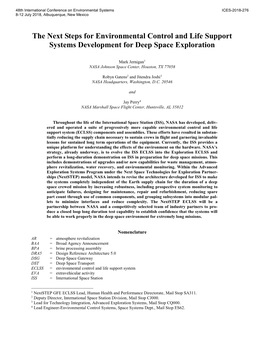 The Next Steps for Environmental Control and Life Support Systems Development for Deep Space Exploration