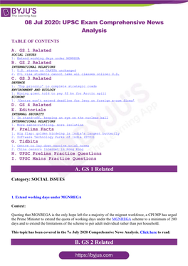 08 Jul 2020: UPSC Exam Comprehensive News Analysis A. GS 1 Related B. GS 2 Related