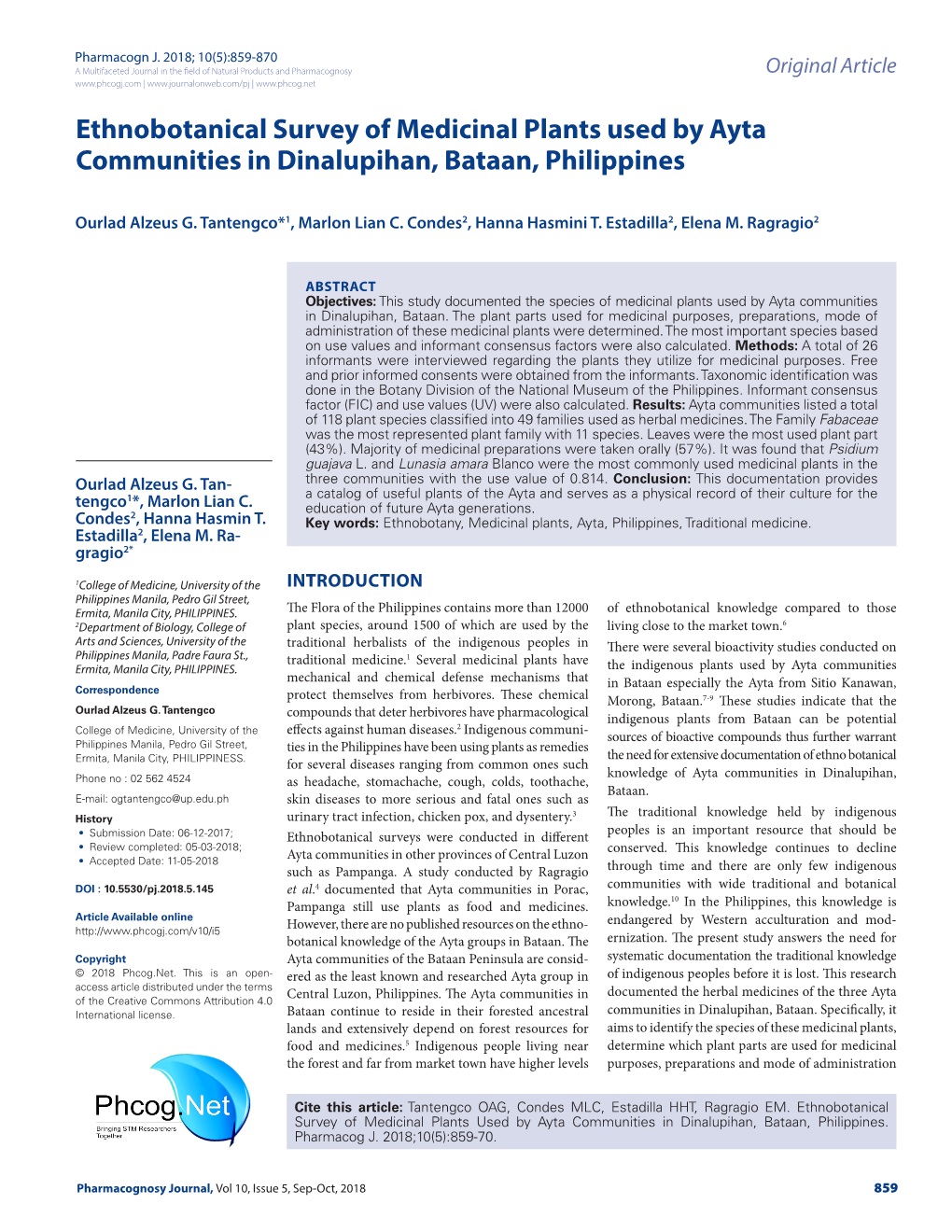 Ethnobotanical Survey of Medicinal Plants Used by Ayta Communities in Dinalupihan, Bataan, Philippines