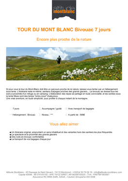 TOUR DU MONT BLANC Bivouac 7 Jours