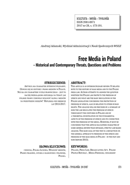 Free Media in Poland – Historical and Contemporary Threats, Questions and Problems