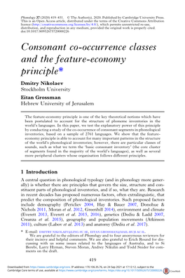Consonant Co-Occurrence Classes and the Feature-Economy Principle* Dmitry Nikolaev Stockholm University Eitan Grossman Hebrew University of Jerusalem