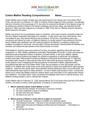 Cotton Mather Reading Comprehension Name ______