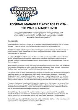 Football Manager Classic for Ps Vita… the Wait Is Almost Over