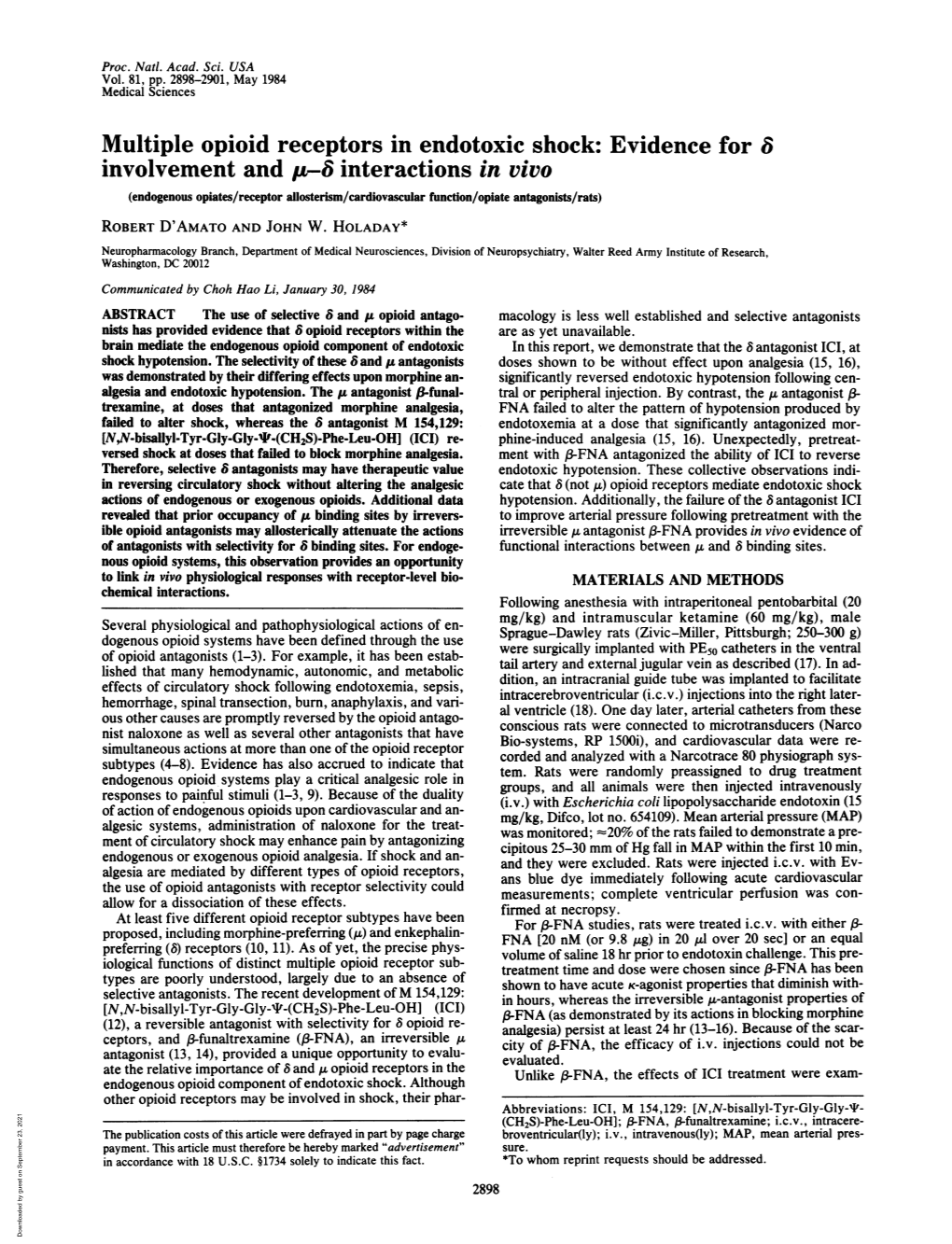 Multiple Opioid Receptors in Endotoxic Shock