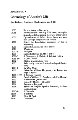 Chronology of Anselm's Life