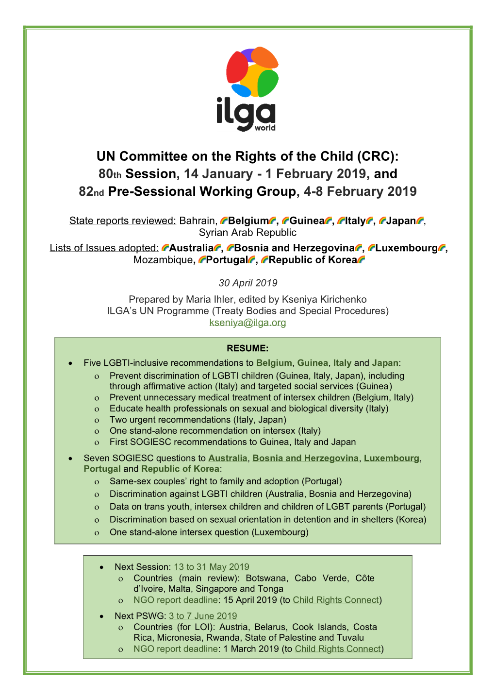 CRC): 80Th Session, 14 January - 1 February 2019, and 82Nd Pre-Sessional Working Group, 4-8 February 2019