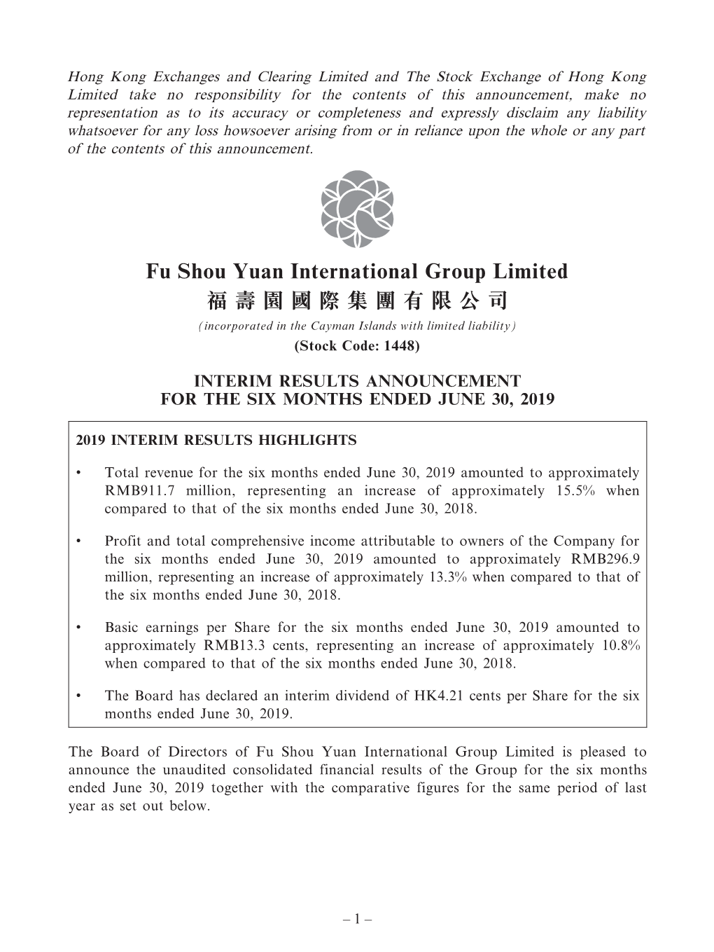 Fu Shou Yuan International Group Limited 福壽園國際集團有限公司 (Incorporated in the Cayman Islands with Limited Liability) (Stock Code: 1448)