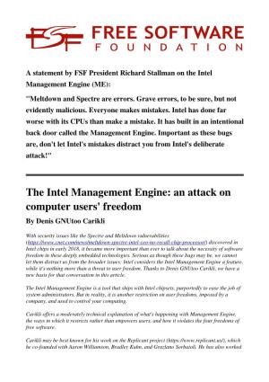 The Intel Management Engine: an Attack on Computer Users' Freedom by Denis Gnutoo Carikli