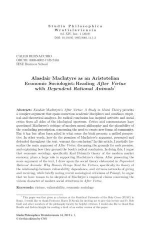 Alasdair Macintyre As an Aristotelian Economic Sociologist: Reading After Virtue with Dependent Rational Animals*