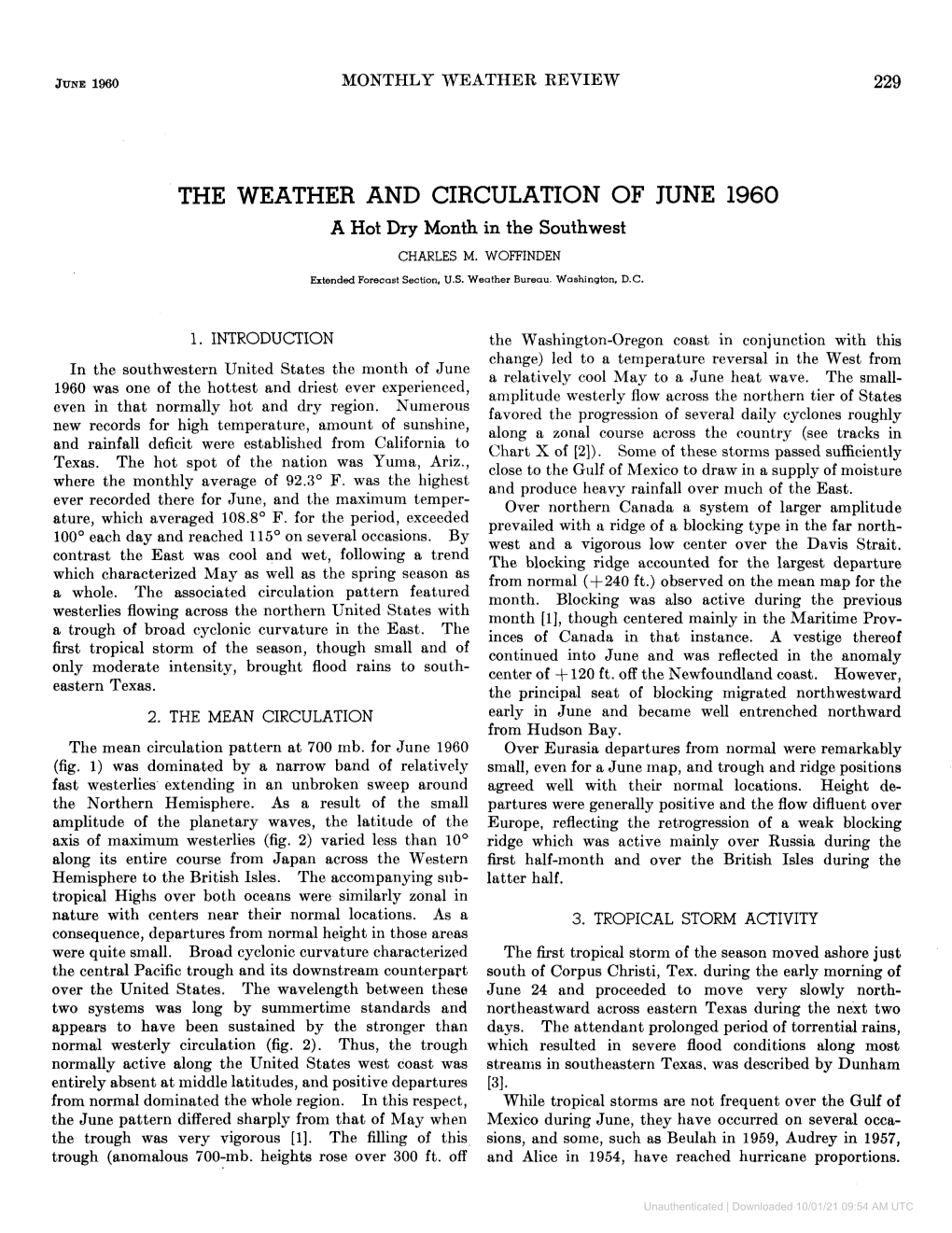 THE WEATHER and CIRCULATION of JUNE 1960 a Hot Dry Month in the Southwest CHARLES M