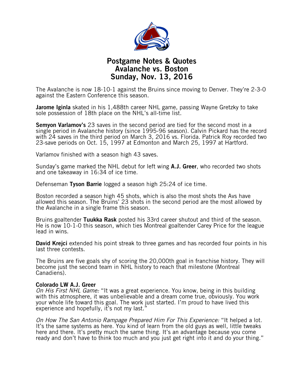 Postgame Notes & Quotes Avalanche Vs. Boston Sunday, Nov. 13