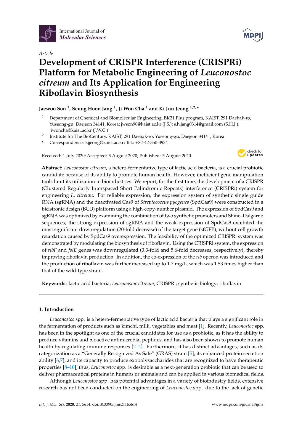 Development of CRISPR Interference (Crispri) Platform for Metabolic Engineering of Leuconostoc Citreum and Its Application for Engineering Riboﬂavin Biosynthesis