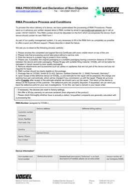 RMA PROCEDURE and Declaration of Non-Objection Service@Vogel-Giessen.De Tel