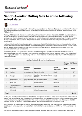 Sanofi-Aventis' Multaq Fails to Shine Following Mixed Data