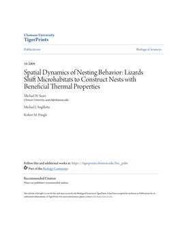 Spatial Dynamics of Nesting Behavior: Lizards Shift Icrm Ohabitats to Construct Nests with Beneficial Thermal Properties Michael W