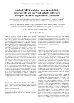 Sorafenib/MEK Inhibitor Combination Inhibits Tumor Growth and the Wnt/Β‑Catenin Pathway in Xenograft Models of Hepatocellular Carcinoma
