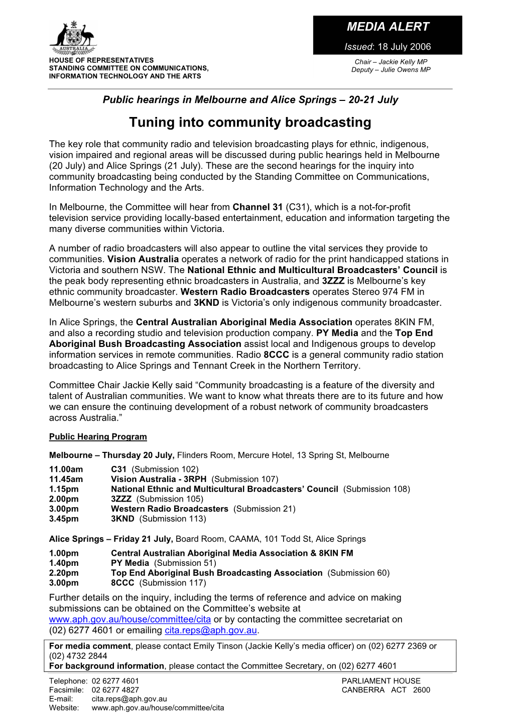 Public Hearings in Melbourne and Alice Springs – 20-21 July Tuning Into Community Broadcasting