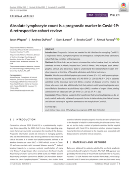 Absolute Lymphocyte Count Is a Prognostic Marker in Covid-19: a Retrospective Cohort Review