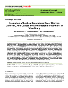 Evaluation of Beetles Scarabaeus Sacer Derived- Chitosan, Anti-Cancer and Anti-Bacterial Potentials: in Vitro Study