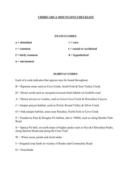 CHIRICAHUA MOUNTAINS CHECKLIST STATUS CODES A