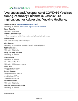 Awareness and Acceptance of COVID-19 Vaccines Among Pharmacy Students in Zambia: the Implications for Addressing Vaccine Hesitancy