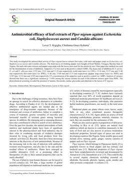 Antimicrobial Efficacy of Leaf Extracts of Piper Nigrum Against Escherichia Coli, Staphylococcus Aureus and Candida Albicans