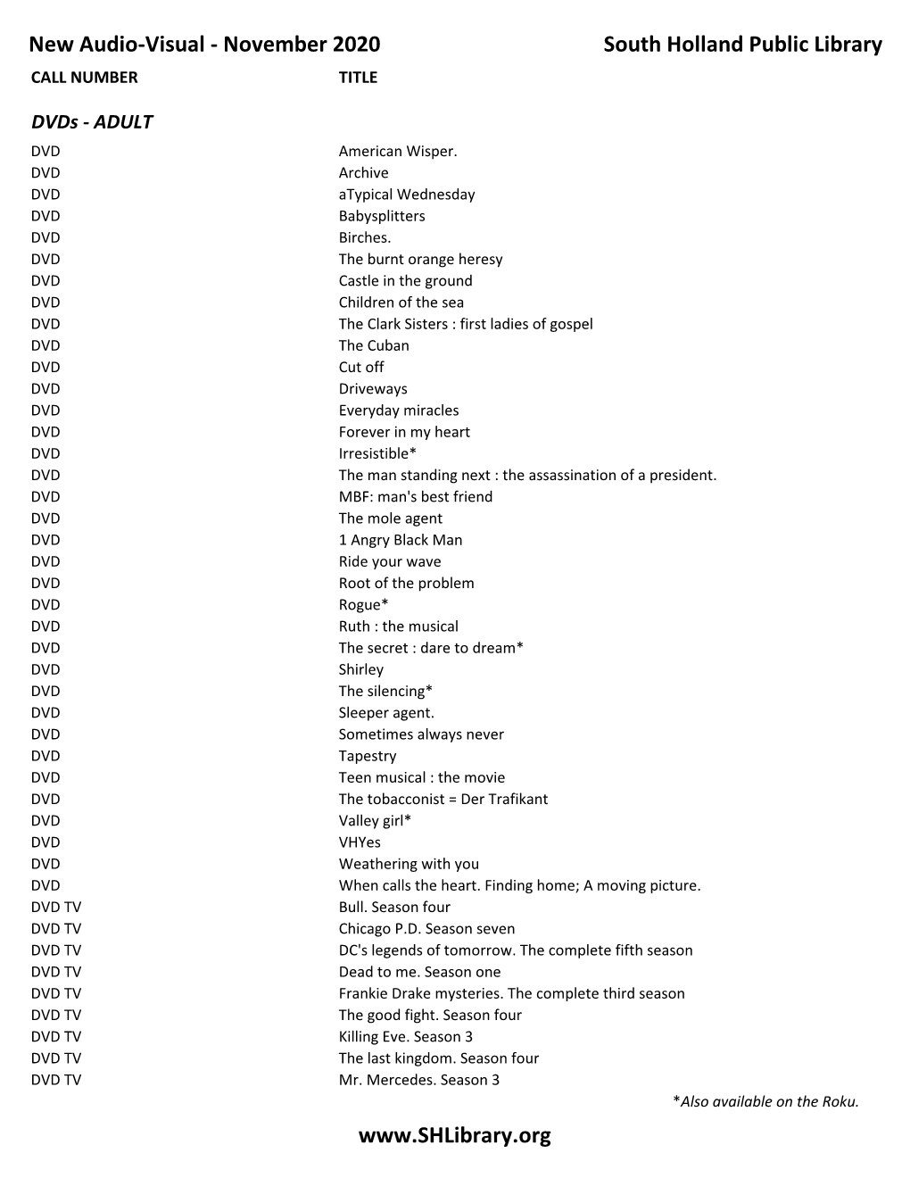 New Audio-Visual - November 2020 South Holland Public Library CALL NUMBER TITLE