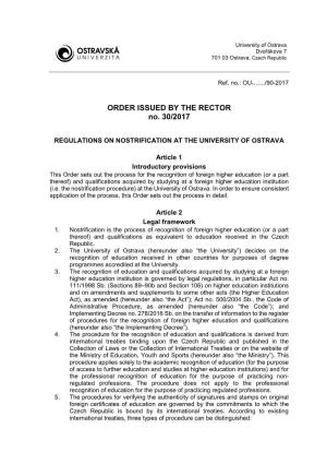 ORDER ISSUED by the RECTOR No. 30/2017