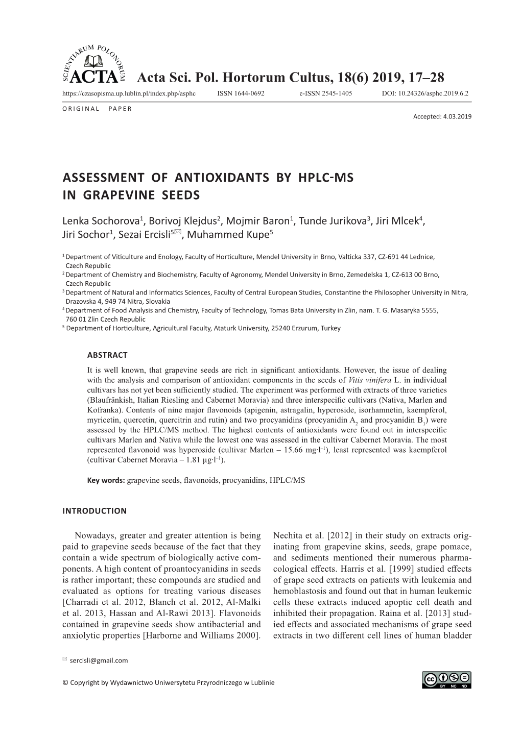 2019, 17–28 Assessment of Antioxidants by Hplc-Ms in Grapevine Seeds