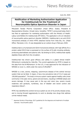 Notification of Marketing Authorization Application for Inebilizumab for the Treatment of Neuromyelitis Optica Spectrum Disorder in Japan