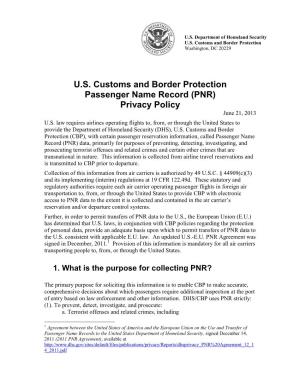 Passenger Name Record (PNR) Privacy Policy June 21, 2013 U.S