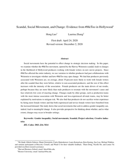 Scandal, Social Movement, and Change: Evidence from #Metoo in Hollywood∗