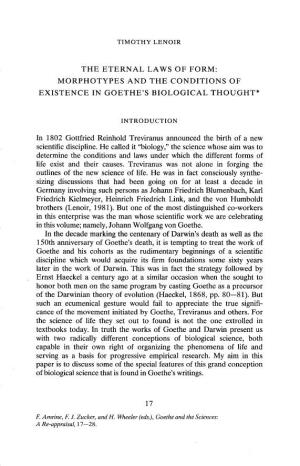 Eternal Laws of Form: Morphotypes and the Conditions of Existence in Goethe’S Biological Thought*