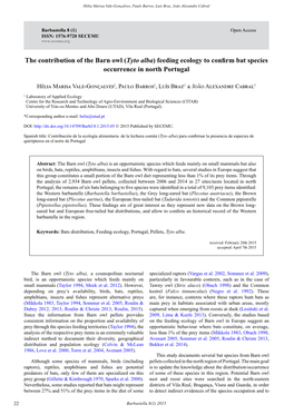 The Contribution of the Barn Owl (Tyto Alba) Feeding Ecology to Confirm Bat Species Occurrence in North Portugal