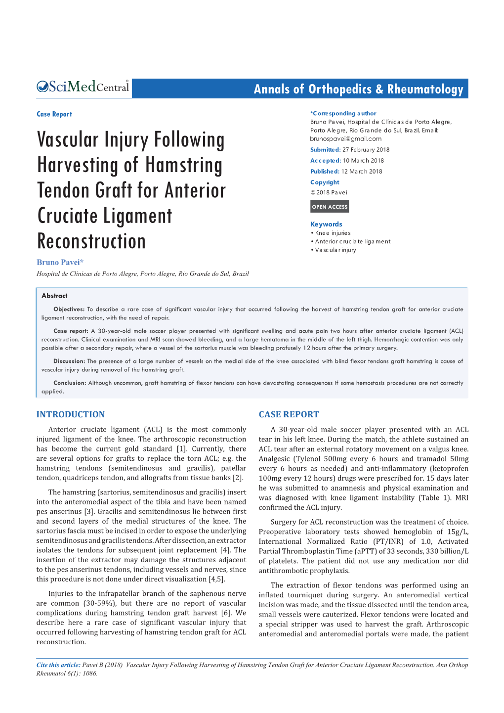 Vascular Injury Following Harvesting of Hamstring Tendon Graft for Anterior Cruciate Ligament Reconstruction