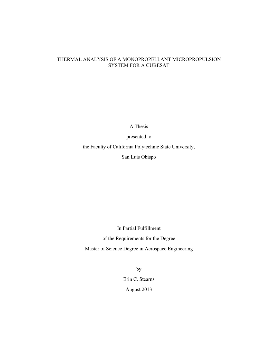 Thermal Analysis of a Monopropellant Micropropulsion System for a Cubesat