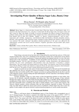 Investigating Water Quality of Barua Sagar Lake, Jhansi, Uttar Pradesh