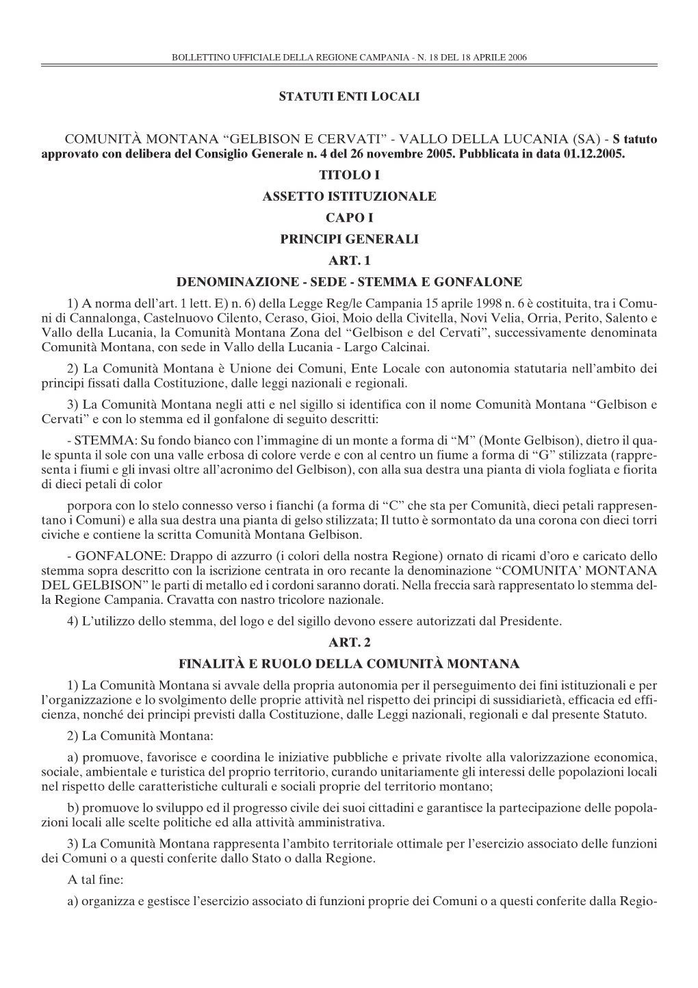 COMUNITÀ MONTANA “GELBISON E CERVATI” - VALLO DELLA LUCANIA (SA) - S Tatuto Approvato Con Delibera Del Consiglio Generale N