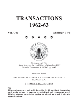 Some Notes on the Lead Mines of Greenhow Hill” Memoirs Transactions, Vol.1 No.2, Pp.34-47